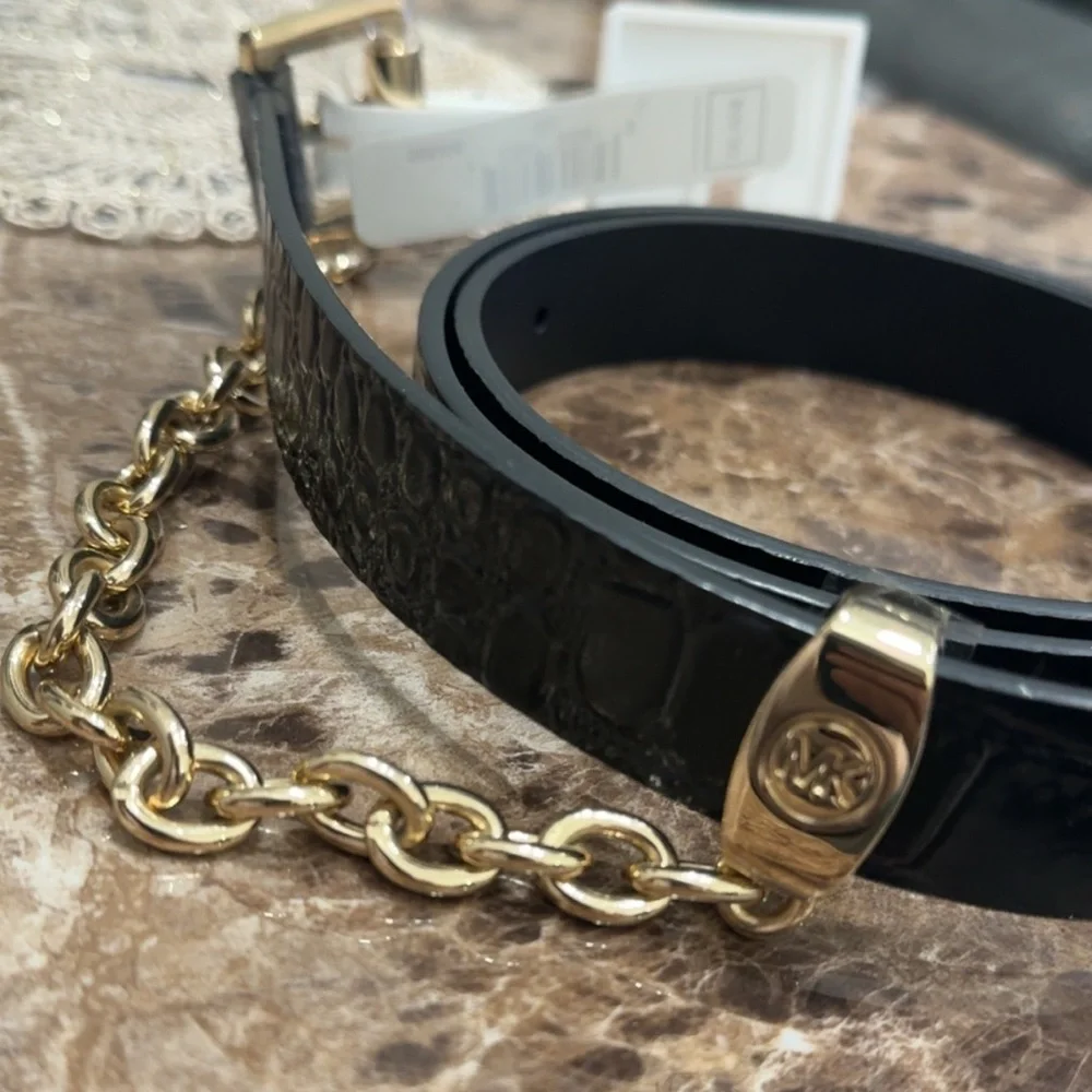 MICHAEL KORS Belt Swag Chain Logo Genuine Leather Black Gold Sz Large AUTHENTIC